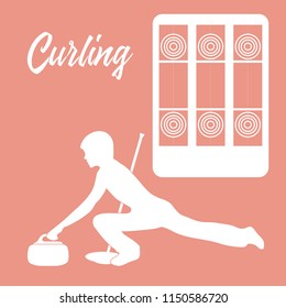 Curling sport. Playground for curling, broom, stone and athlete silhouette.