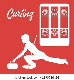 Curling sport. Playground for curling, broom, stone and athlete silhouette.