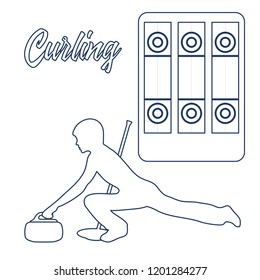 Curling sport. Playground for curling, broom, stone and athlete silhouette.