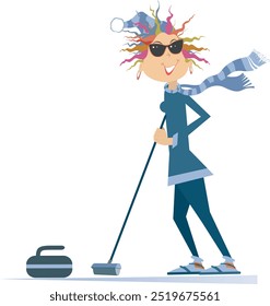 Curling sport. Uma jovem sorridente brinca de enrolar.
Curling sport. Esporte de inverno. Jovem mulher com uma escova de curling fica perto de uma pedra
