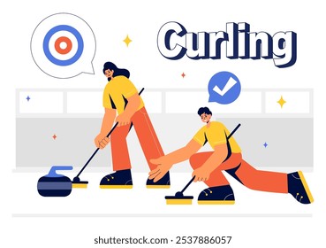 Curling Sport Vector Illustration featuring a Team Playing the Game with Rocks and Brooms on a Rectangular Ice Rink in a Championship in a Background