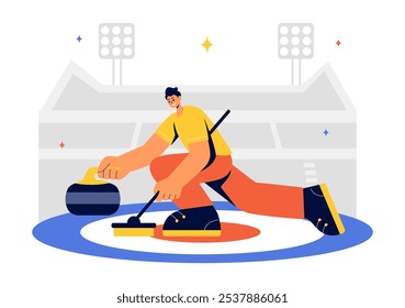 Curling Sport Vector Illustration featuring a Team Playing the Game with Rocks and Brooms on a Rectangular Ice Rink in a Championship in a Background