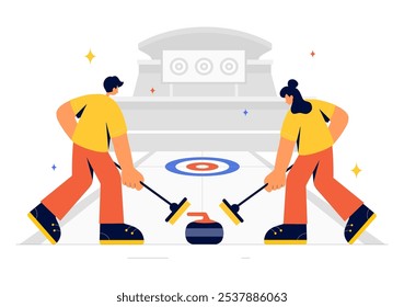 Curling Sport Vetor Illustration com uma equipe jogando o jogo com pedras e vassouras em um rinque de gelo retangular em um campeonato em um fundo