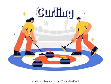 Ilustración vectorial deportiva de curling con un Equipo jugando el juego con Rock y escobas en una pista de hielo rectangular en un campeonato en un fondo