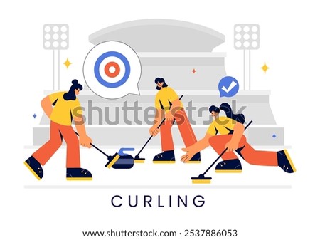 Curling Sport Vector Illustration featuring a Team Playing the Game with Rocks and Brooms on a Rectangular Ice Rink in a Championship in a Background