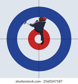 Curling sport vector illustration in flat design. Overhead, top view. A curling player launches a stone. Winter sport