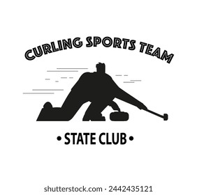 Emblema del equipo de curling sports. Ilustración vectorial de un jugador, piedra y escoba en el hielo para la marca del club, camisetas y logotipos.