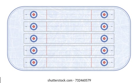 Curling stadium top view. Winter sport. Sport game. Textures blue ice. Ice rink. Vector illustration background.
