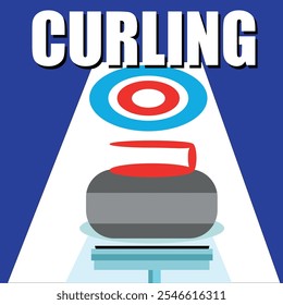 Curling stone on sheet of ice, winter team Olympic sport, ice rink and granite stone, sport concepts, curling game in curling arena, granite stone with red handle and curling broom, sports equipment