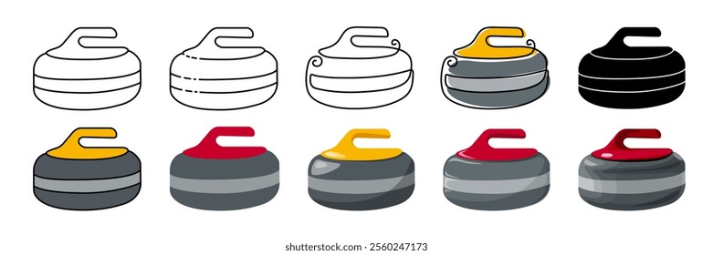 Curling stone set vector illustration. Flat, cartoon, outline, continuous line drawing, silhouette style. Winter sport