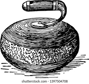 The curling stone of the sport of curling vintage line drawing or engraving illustration.