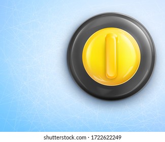 Curling stone with yellow handle isolated on blue background. Equipment for sport game and activity vector illustration. Granite stone on ice, top view.