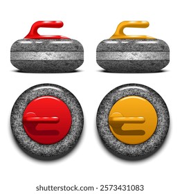 Curling stones with red and yellow handles realistic 3d vector isolated on a white background, granite texture and detailed top-down and side views. Winter sports, curling team games and competition.