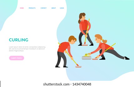 Curling vector, game participants, people playing in team together, competition of man and woman wearing uniforms and holding wooden sticks. Website or webpage template, landing page flat style