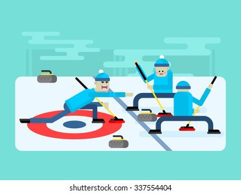 Curling winter game. Ice and stone, team and rink, competition brushing and slip, flat vector illustration