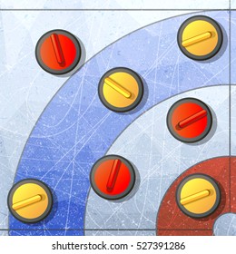 Curling winter game. Ice and stone, team and rink, competition brushing and slip, flat vector illustration.