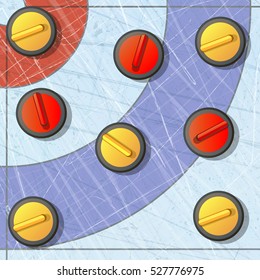 Curling winter game. Ice and stone, team and rink, competition brushing and slip, flat vector illustration.