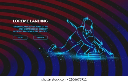 Curling Winter Sport. Girl Holds Curling Stone. Vector Sport Background For Landing Page Template.