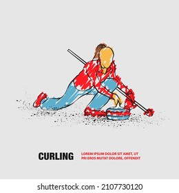 Curling Winter Sport. Girl Holds Curling Stone. Vector Outline Of Curler Athlete With Scribble Doodles Style Drawing.