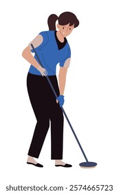 curling woman player with broom isolated