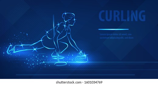 Curling woman player hold ston neon banner. Ice rink for curling game sport. Woman figure hold curling stone. Blue neon horizontal banner. Olympic winter games. Neon winter sport vector background.