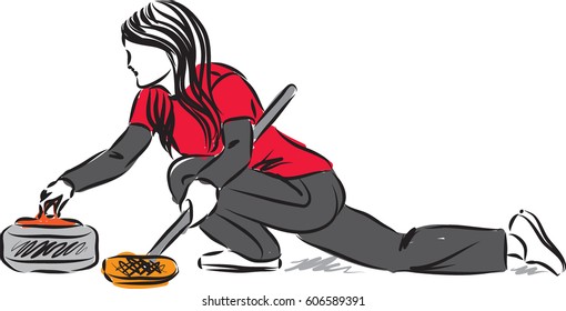 curling woman player vector illustration