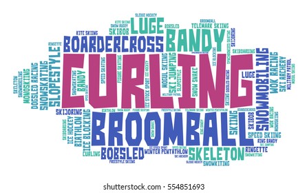 Curling. Word cloud, colored font, white background. Winter sport. 