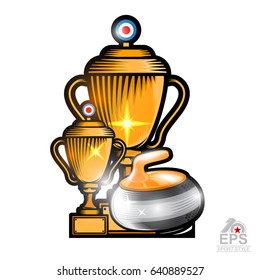 Curling yellow stone with two cups on white. Sport logo for any team or championship