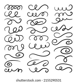 Curls garabatos abstractos con línea dibujada a mano. Curlos decorativos de garabatos, remolinos, florecimiento y colección de divisores caligráficos de texto. Elementos vintage simples aislados en fondo blanco para el diseño. 