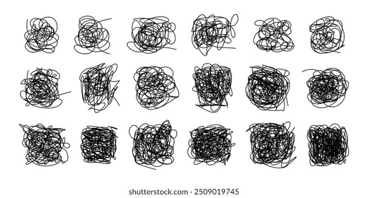 Curls abstract scribble with hand drawn chaotic lines. Doodle curls, swirls, flourishes, chaotic lines collection. Simple vintage chaotic lines elements isolated on white background for design
