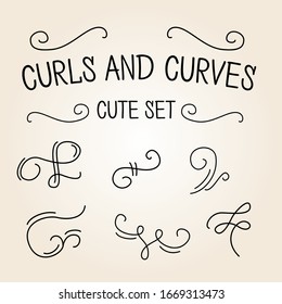 Curls and Curves cute set of calligraphic decoration elements. Elegant, victorian, naive, classic, vintage. Outline stile. Vector Isolated Graphic Design Elements and Illustration. Outline doodle.