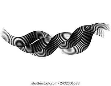 Curls of hair from black wavy lines on a white background. Abstract
 waves. Braid of hair. Striped design element. Vector background. Beauty salon decor