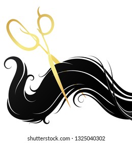 Curls of hair and golden scissors beauty salon design