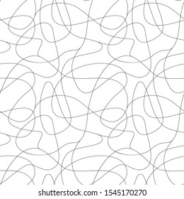 Curls Hand Drawn Seamless Pattern. Irregular Swirls And Scrolls, Curved One Line Doodle Drawing. Ink Pen Freehand Shapes Line Art. Monocolor Vector Texture. Creative Wrapping Paper, Wallpaper Design