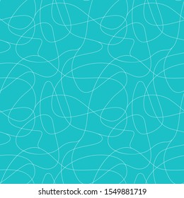 Curls hand drawn seamless pattern. Irregular swirls and scrolls, curved one line doodle drawing. White freehand shapes line art on blue background. Vector texture, wrapping paper, wallpaper design