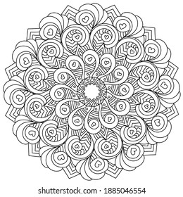 Curls and hearts in contour mandala, anti stress coloring page with zen patterns vector illustration