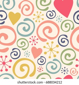 Curls and hearts. Cute seamless vector pattern.