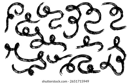 Curls lines dry brush. Collection of vector brush strokes. Black paint draws wavy lines, dirty curved strokes. The ink stands out on white background. Grunge brush lines. Calligraphic strokes, stamps