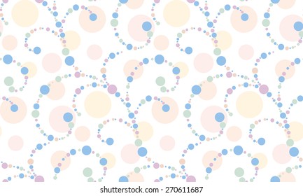 Curls of multicolored dots in grey and purple on white background