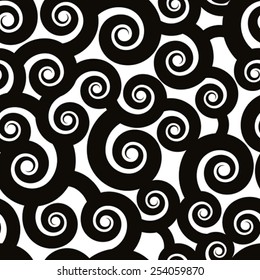 Curls seamless pattern, black and white vector background.