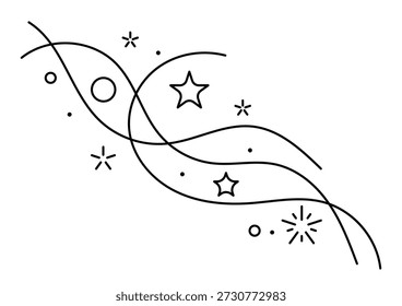 Rizos y ondas con estrellas. Ilustración de contorno mágico. Estilo de arte lineal.