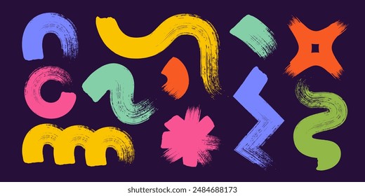 Curly abstract shapes in doodle grunge style. Colorful wavy bold lines with dirty rough texture. Vector geometric, chaotic design elements. Brush strokes, lines.