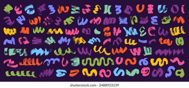 Curly abstract shapes in doodle grunge style. Colorful wavy bold lines with dirty rough texture. Vector geometric, chaotic design elements. Brush strokes, lines.