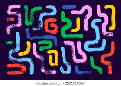 Curly abstract shapes in doodle grunge style. Colorful wavy bold lines with dirty rough texture. Vector geometric, chaotic design elements. Brush strokes, lines.