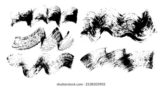 Curly abstract shapes in doodle grunge style. Colorful wavy bold lines with dirty rough texture. Vector geometric, chaotic design elements. Brush strokes, curves.