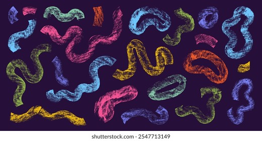 Curly abstract shapes in doodle grunge style. Colorful wavy bold lines with dirty rough texture. Vector geometric, chaotic design elements.