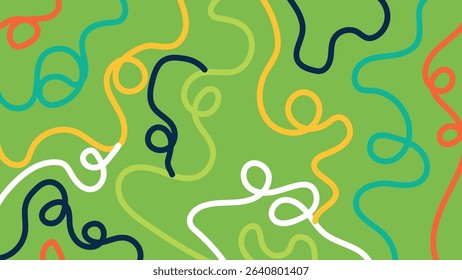 Curly abstract squiggles in yellow, green, teal, white, and navy blue over vivid orange. Artistic and fun layout with lively visual flow.