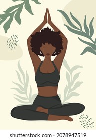 Curly African American woman doing yoga, yoga pose. Faceless style.