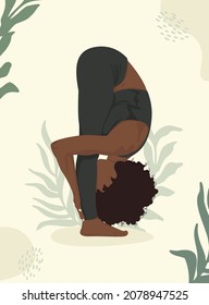 Curly African American woman doing yoga, yoga pose. Faceless style.