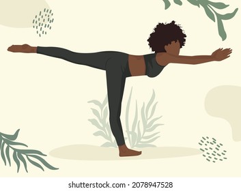 Curly African American woman doing yoga, yoga pose. Faceless style.